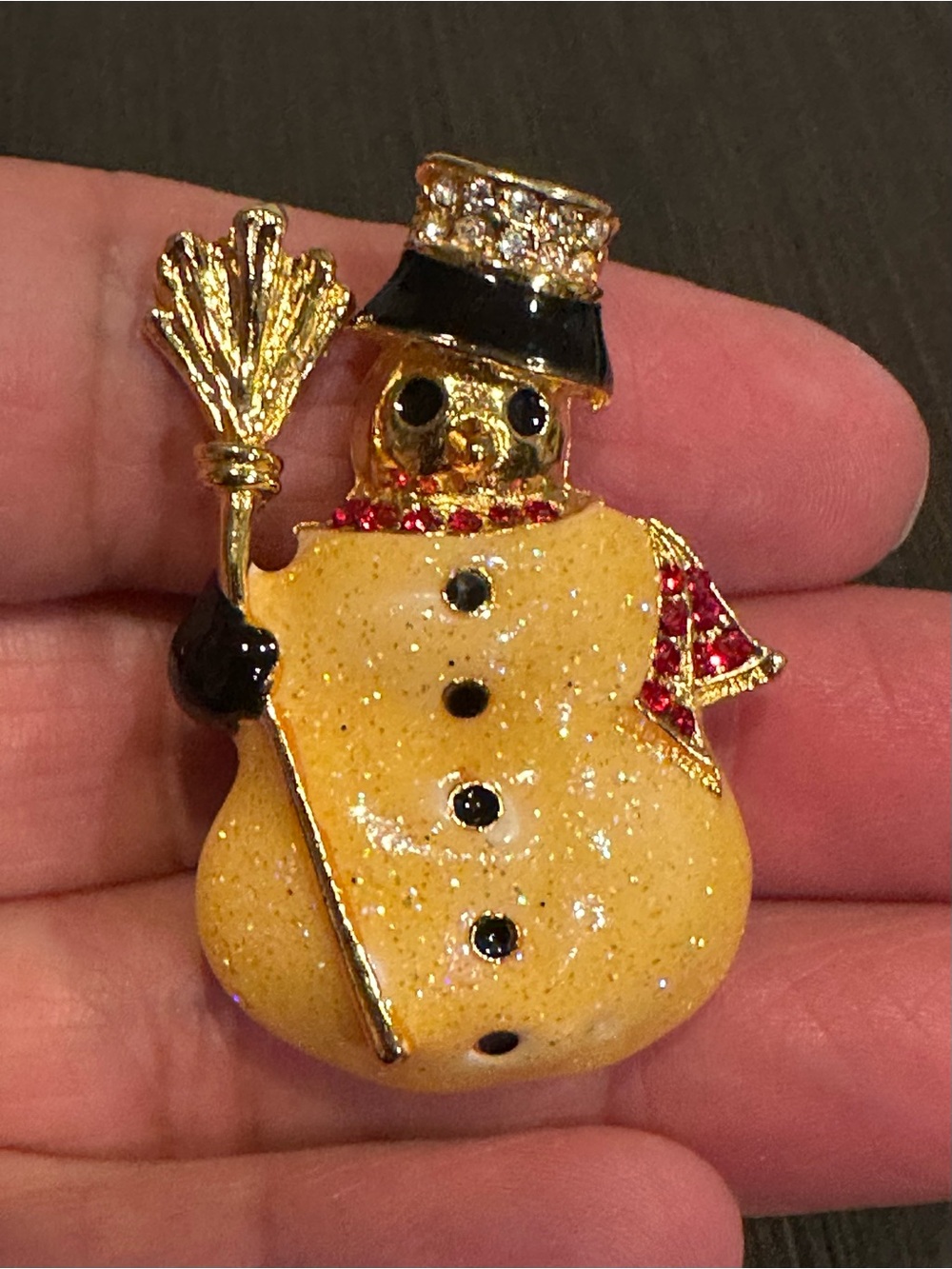 Vintage Gold Tone Glitter Enamel Snowman Brooch Pin - Rhinestone.